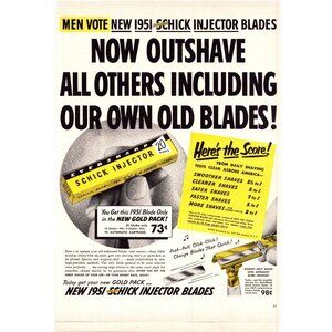 1951 Schick Injector Blades Shaving Razor Vintage Print Ad Grooming Wall Art